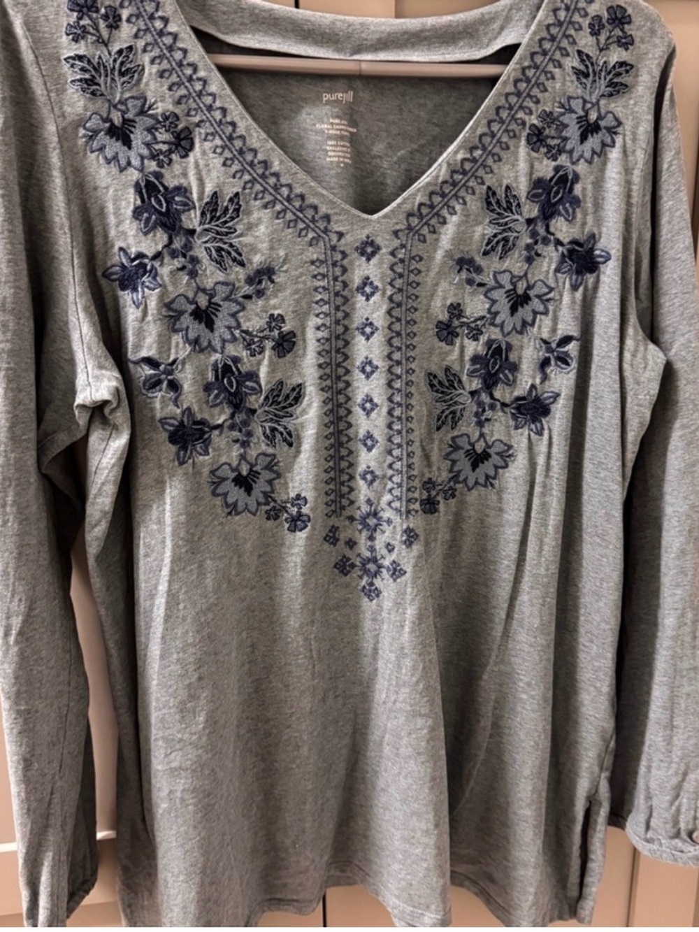 J. Jill blue Tunic with Navy Floral Embroidery